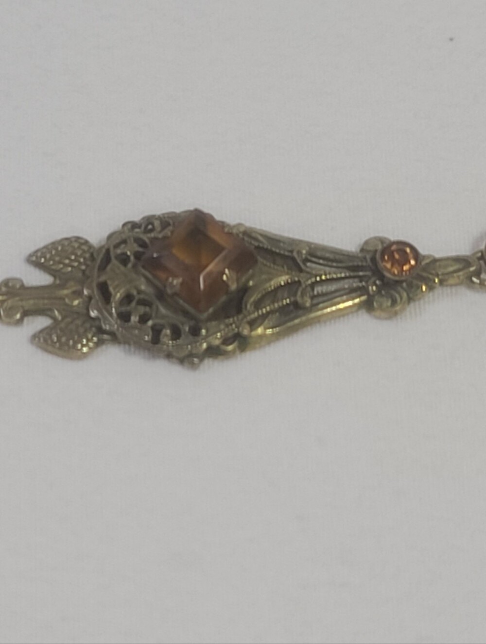 Antique Art Deco Orange Yellow Glass Gems Brass Pendant Necklace - Picture 3 of 14